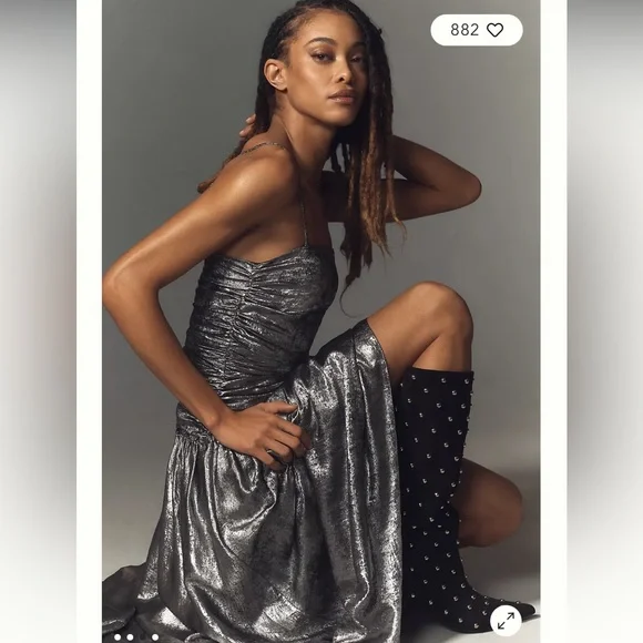 La Maise Studio Ruched Drop-Waist Foil Midi Dress - Picture 2 of 11